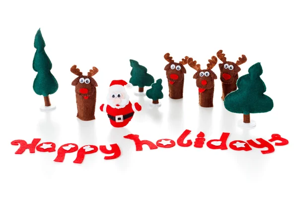 Santa, deer dolls on a shiny surface for christmas, xmas, white. — Stock Photo, Image