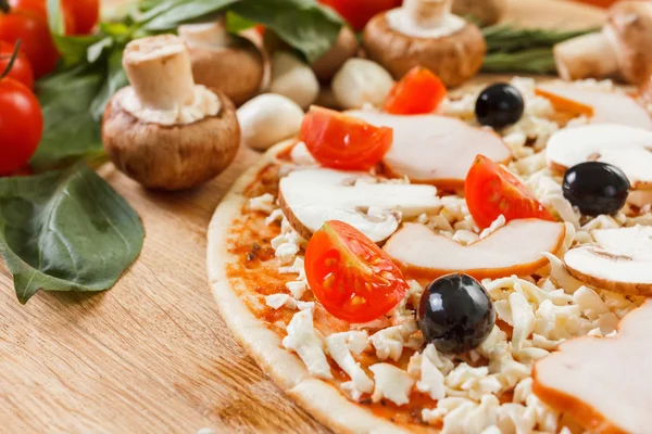 Food ingredients for pizza on table close up — Stock Photo, Image