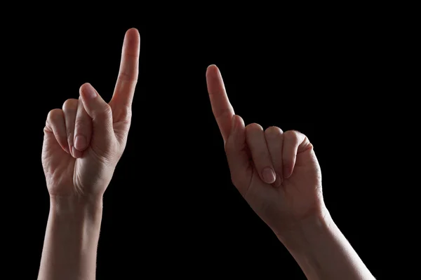 Caucasian female hand, pointing to something with an index finger — Stok fotoğraf