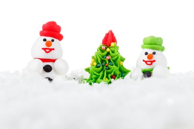 Sweet dessert snowman, snow and Christmas tree with festive decoration