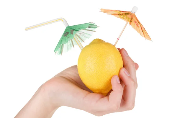 Λεμόνι χυμό φρούτων με ομπρέλα που απομονώνονται σε λευκό — Φωτογραφία Αρχείου