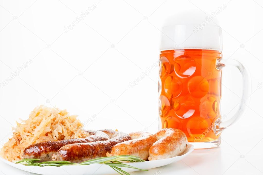 Oktoberfest menu, beer mug, a plate of sausages and sauerkraut