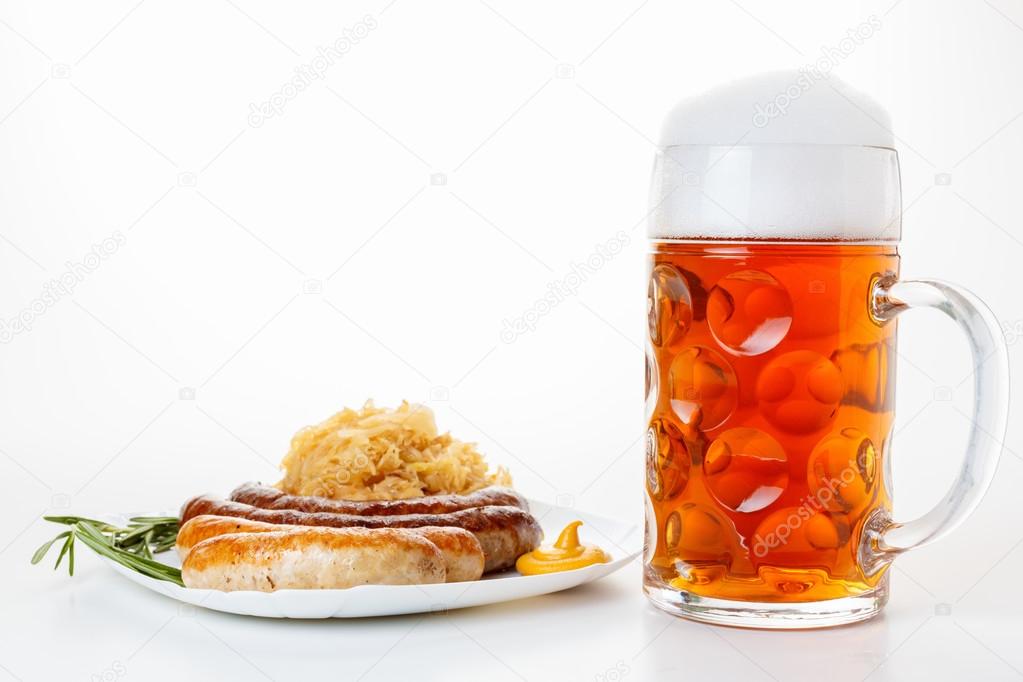 Oktoberfest menu, beer mug, a plate of sausages and sauerkraut