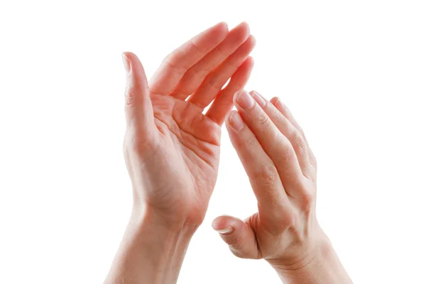Belas mãos femininas isolado no fundo branco aplausos — Fotografia de Stock