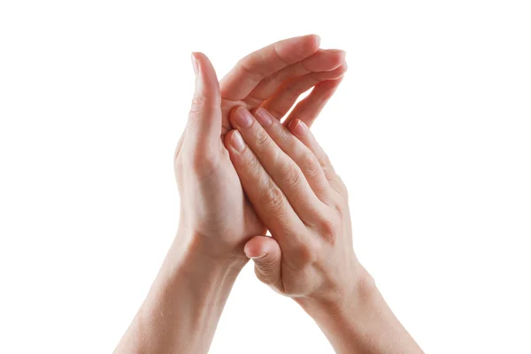 Schöne weibliche Hände isoliert auf weißem Hintergrund Applaus — Stockfoto