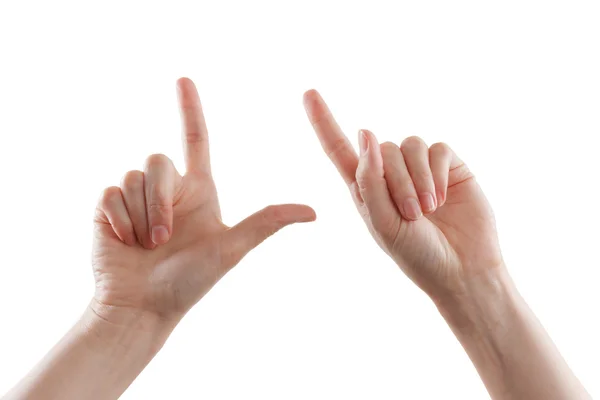 Gest, kobiecej dłoni wskazuje kierunek lub zoom, dotyk urządzeń — Zdjęcie stockowe