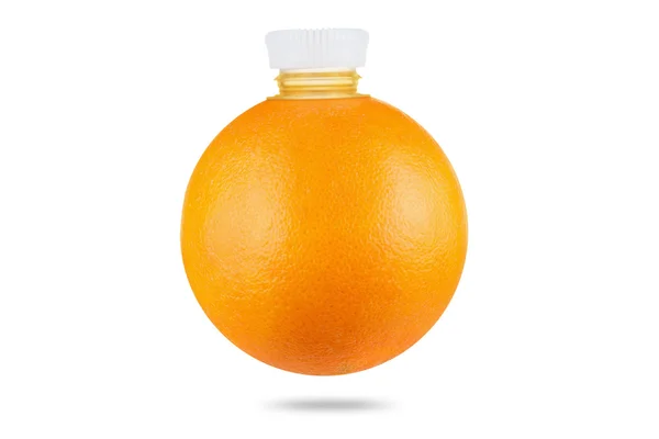 Conceito, laranja como garrafa de suco fresco sobre fundo branco — Fotografia de Stock