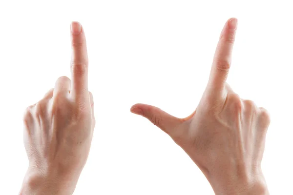 Gesto, la mano de la mujer indica la dirección o el zoom, dispositivos táctiles — Foto de Stock