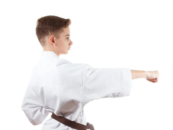 Niño de karate en kimono blanco con cinturón marrón — Foto de Stock