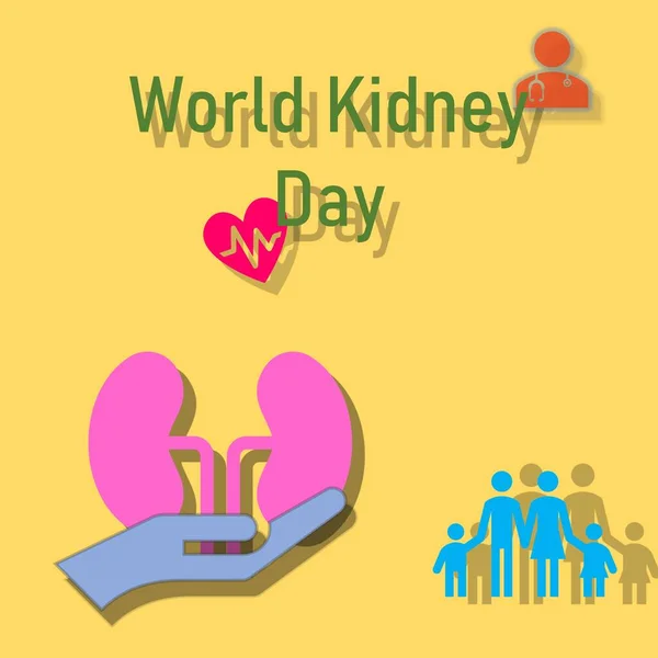 The illustration shows a picture of family, kidney, clock timing . There is a word that is World Kidney Day.