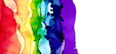 Solda gökkuşağı arkaplanı ve sağda boş bir alan. Grafik tasarımı için renkli duvar kağıdı. Alkol mürekkebi tekniği. LGBT renkleri soyut arkaplan.