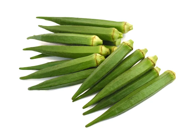 Verse Okra Vruchten Abelmoschus Esculentus Geïsoleerd Witte Achtergrond — Stockfoto