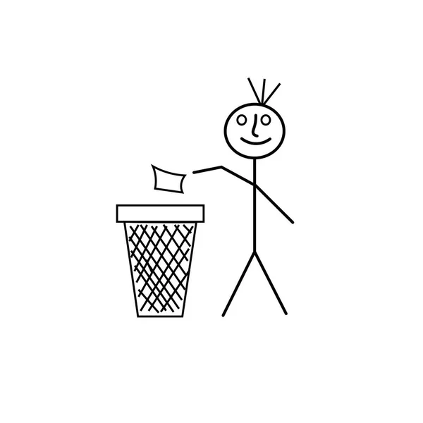 Doodle adam çöp atıyor. Çöp ikonu. Grafik saflık simgesi. Stok vektörü