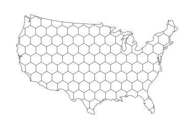 Planlama ve tasarımda çeşitli kullanım alanları ve uygulamalar için altıgen ızgara desenli Amerika Birleşik Devletleri haritası. ABD 'nin bal peteğindeki haritası