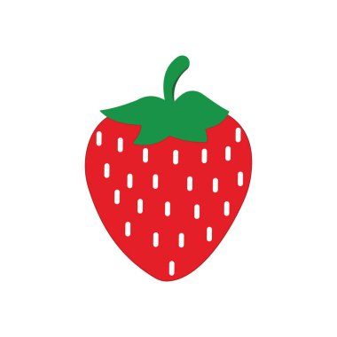 Kırmızı bir çileğin üzerinde yeşil yapraklar vardır. Tasarım beyaz tohumları içerir ve düz bir arkaplan üzerine kurulur. Vektör illüstrasyonu 