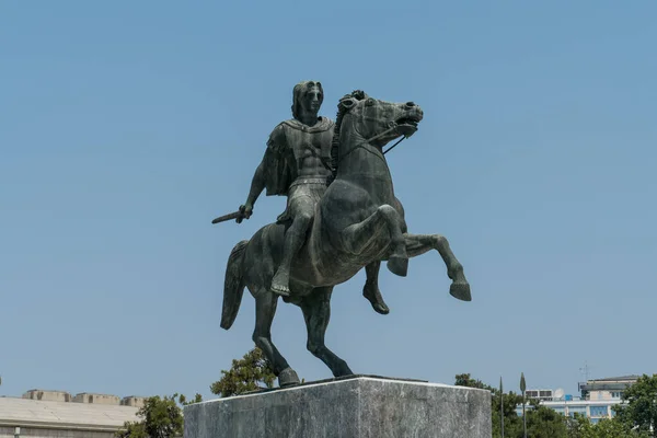 Thessalonique Grèce Juillet 2021 Statue Alexandre Grand Ascendant Bucéphale Son — Photo