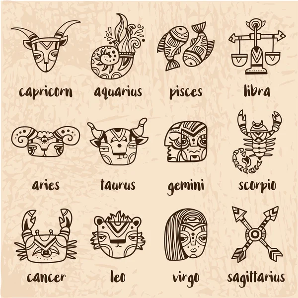 Set di segni zodiacali in stile doodle — Vettoriale Stock