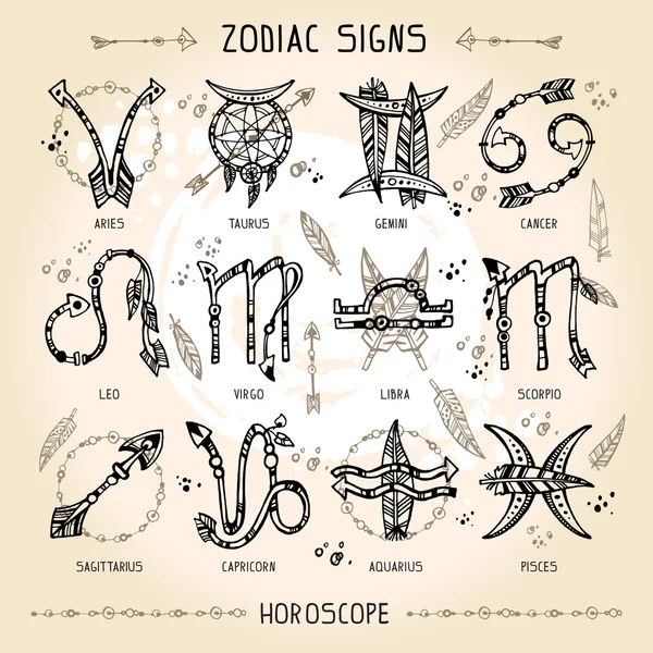 Hippie i stylu cyganerii wyciągnąć rękę znaków zodiaku — Wektor stockowy