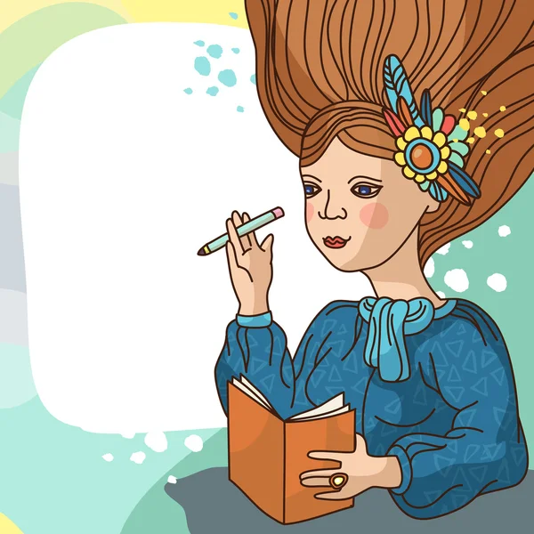 Sonhando menina com um caderno de esboços —  Vetores de Stock