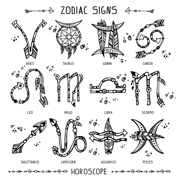 Conjunto de hippie e boêmio estilo mão desenhada signos do zodíaco — Vetor de Stock