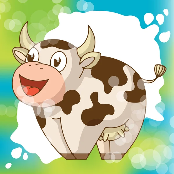 Смішна усміхнена корова геній молоко плескає на фоні . — стоковий вектор