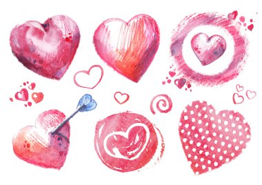 Beyaz bir arka plan ile suluboya kalpler boyalı el ayarla.