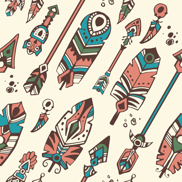 Стиль Бохо бесшовный с племенными стрелами и декоративными перьями
