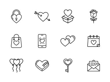 Beyaz arkaplanda izole edilmiş web ve ui tasarımı için Sevgililer Günü ana hatları vektör simgeleri belirlendi