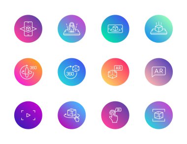 AR, VR, etkileşim. Mobil AR, 360 görünüm, nesne yerleştirme, tarama ve genişletilmiş gerçeklik tasarımı için coğrafi konumlama içeren 12 yuvarlak gradyan simgelerinden oluşan vektör kümesi.