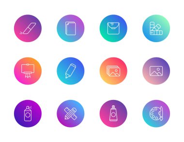 Sanat, tasarım, yaratıcılık. Silgi, boya araçları, belgeler ve dijital sanat, UI ve yaratıcı yazılım için elementler içeren 12 yuvarlak gradyan simgelerden oluşan vektör kümesi.