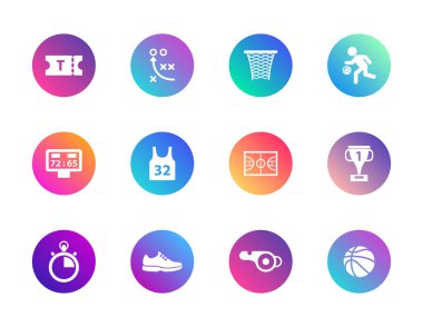 Basketbol, spor, strateji. Atletik UI, fan içeriği ve oyun tasarımı için top, halka, forma, adliye ve teçhizat içeren 12 yuvarlak gradyan simgelerden oluşan vektör kümesi.