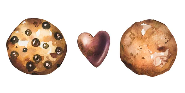 Mignon Ensemble Aquarelle Avec Brownie Biscuits Chocolat Coeur Doux — Image vectorielle