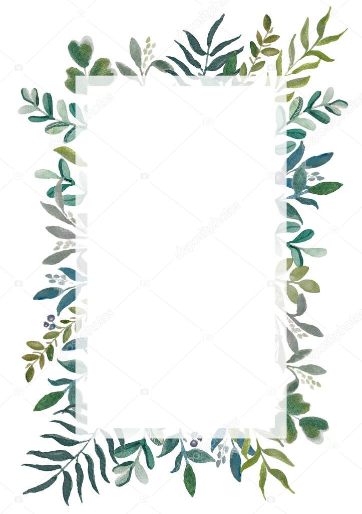 A template of a postcard with a watercolor green leaves on the branches. Wedding invitation template. Greenery