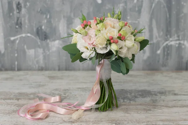 Beautiful Bridal Bouquet White Flowers Greenery Decorated Long Silk Ribbon — Stock Photo, Image