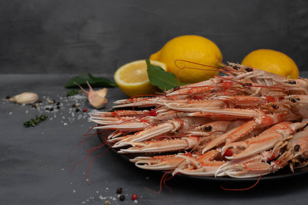 Boiled langoustines on black plate isolated on gray concrete table. Served with lemonm, spicy herbs and garlic.