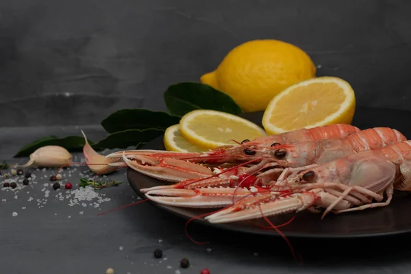 Langoustines Hervidos Sobre Placa Negra Aislada Sobre Mesa Hormigón Gris — Foto de Stock