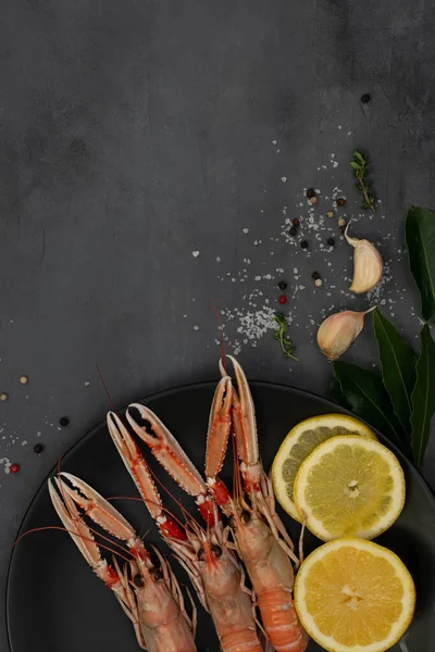 Langoustines Hervidos Sobre Placa Negra Aislada Sobre Mesa Hormigón Gris — Foto de Stock