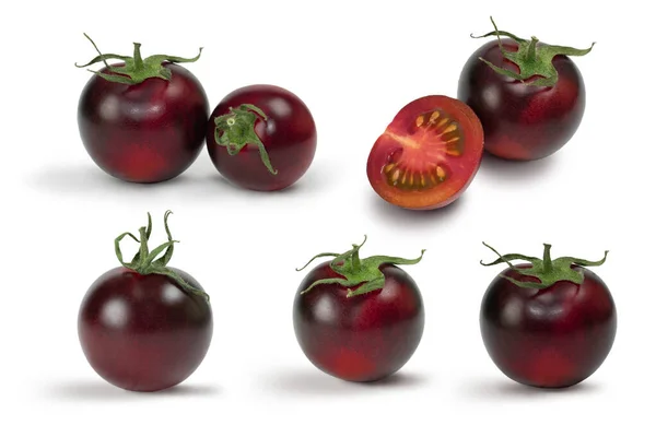 Coleção Diferentes Cultivares Tomates Pretos Isolados Sobre Fundo Branco Várias — Fotografia de Stock