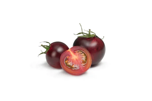Tre Svarta Tomater Sorter Isolerad Vit Bakgrund Olika Former Tomater — Stockfoto