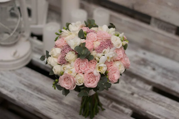 Pink Wedding Bouquet Composed Roses Freesias Eucalypthus Wood Table — Stock Photo, Image