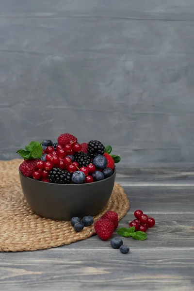 Ripe Sweet Different Berries Bowl Wooden Table Harvest Concept Fresh — Stock Photo, Image