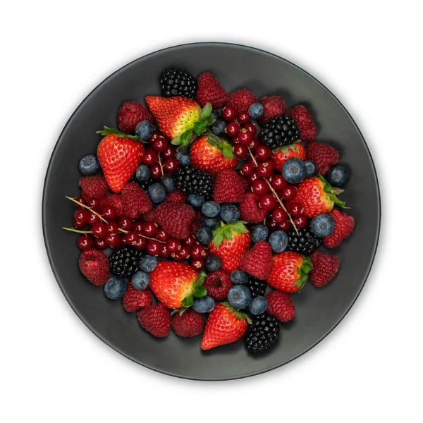 Raspberries Blackberries Blueberries Plate Food Closeup — Stock Photo, Image