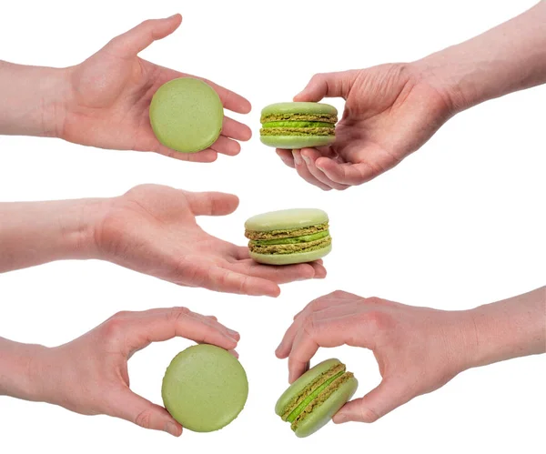 Colage Male Hands Holding Sweet Macaroons Isolated White — Stock Photo, Image