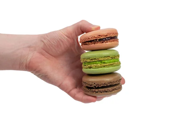 Male Hand Holding Sweet Macaroons Isolated White Green Pink Chocolate — Stock Photo, Image