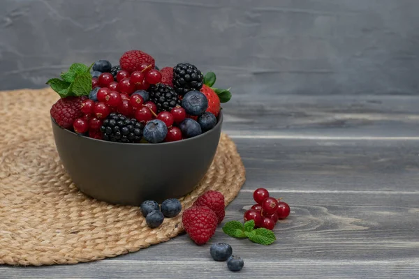 Ripe Sweet Different Berries Bowl Wooden Table Harvest Concept Fresh — Stock Photo, Image