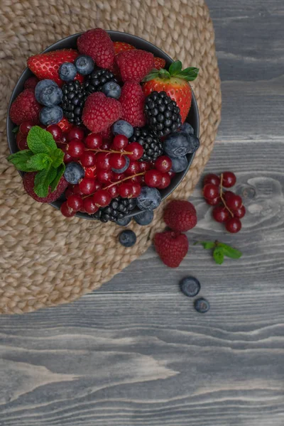Ripe Sweet Different Berries Bowl Wooden Table Harvest Concept Fresh — Stock Photo, Image