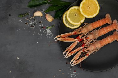 Siyah tabakta kaynamış Langoustines gri beton masada izole edilmiş. Limon ve baharatlı otlarla servis edilir..