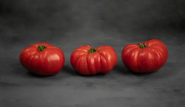 Three Big Tomato Dark Grey Background Fresh Vegetables — Stock Photo, Image