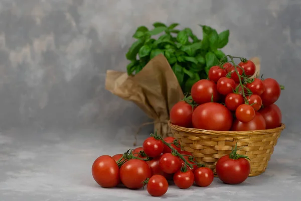 Juicy Red Tomatoes Basket Grey Table Pot Basil Fresh Vegetables — Stock Photo, Image