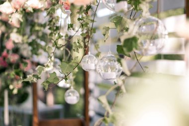 Düğün töreni. Çok güzel ve şık bir düğün kemeri, çeşitli taze çiçeklerle süslenmiş, bahçede duruyor. Düğün günü. Taze çiçek süslemeleri, şakayıklar..